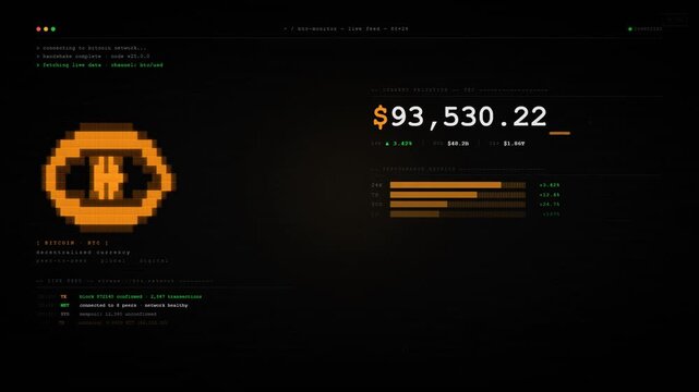 Bitcoin live monitor terminal with current valuation performance metric and live transaction feed on dark background