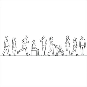 Architectural scale figures vector lineup with pedestrians, family groups, stroller and wheelchair symbols for elevation drawings, urban design sections, accessibility diagrams and blueprint