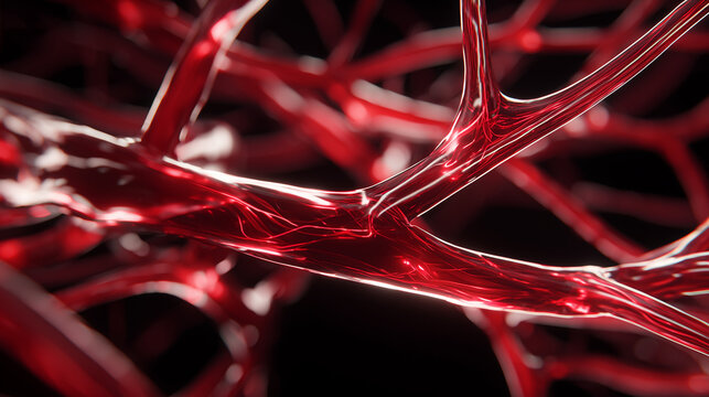 Complex red vascular network with tangled branching structures on a dark background, abstract biological anatomy texture with organic veins and neural patterns.