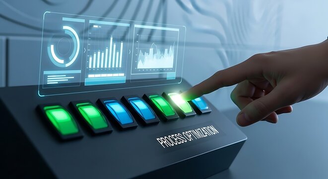 Process optimization panel with glowing green switches and a floating holographic data HUD. A hand activates the system in a high-tech setting. Ideal for smart industry marketing materials.