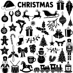 Christmas Icons Vector Set: Festive Holiday Elements in Black and White Silhouette Style © kukky