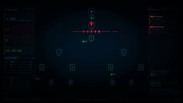 Cyber security network status dashboard with threat intel feed firewall and live alert monitoring on dark background