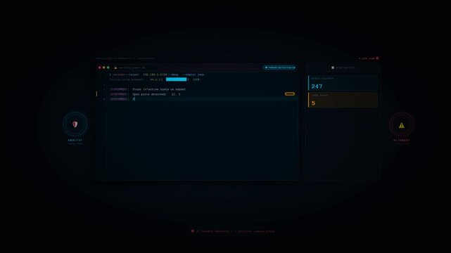 Cyber security audit terminal with vulnerability scan critical threat detection and risk score on dark background
