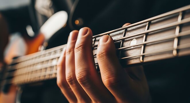Close-up of musician's hand playing electric bass guitar fretboard