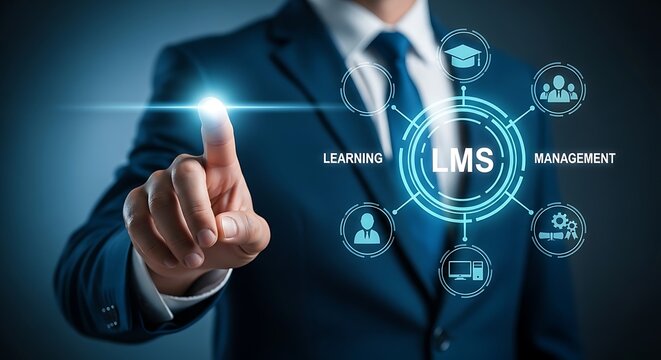 LMS interface icons glow as a businessman interacts with digital learning tools in a professional studio setting. This image is ideal for educational software and corporate training presentations.