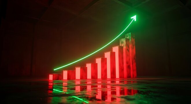 Financial bar graph with a glowing green upward arrow reflects on a wet dark floor. High contrast neon lighting creates a dramatic atmosphere of success. Ideal for fintech corporate presentations.