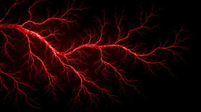 Abstract red vascular network resembling blood vessels on dark background with organic texture and flowing biological pattern in futuristic medical style