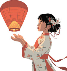 Girl with floating Asian lantern at religious ceremony vector on white background. © TahrinAkther