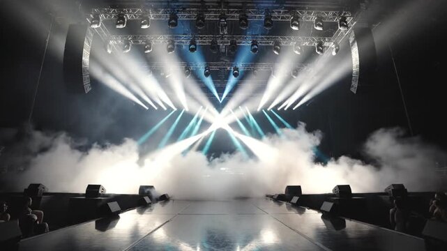 Empty fashion runway with bright spotlights and smoke.