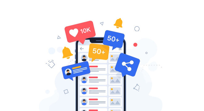 Smartphone with social media notifications and engagement icons
