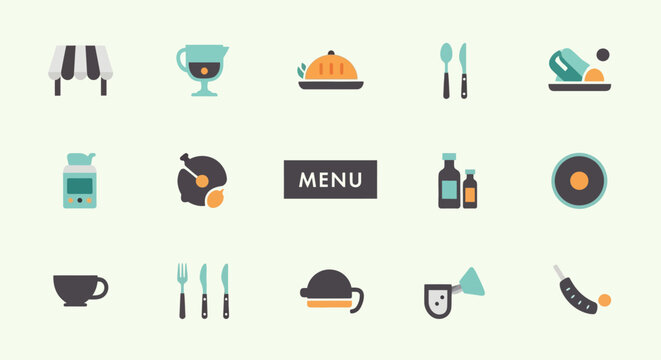 Minimalist flat lay of kitchen utensils and food icons on light background
