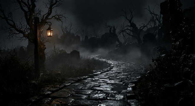 Winding cobblestone path in a dark foggy forest with a glowing vintage lantern and dead trees