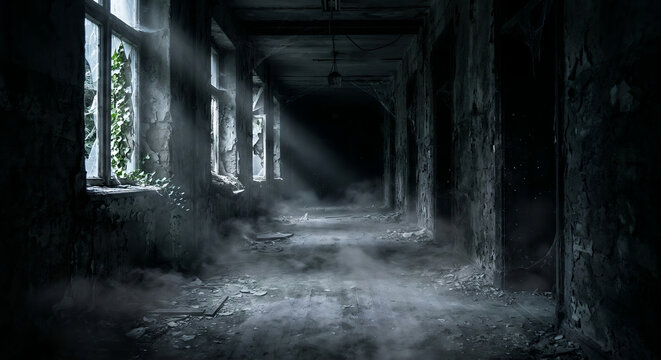 Long corridor in a dark abandoned hospital or building with light rays through broken windows and fog on the floor