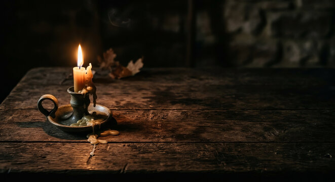 Single burning candle melting in an antique holder on a rustic wooden table in a dark room