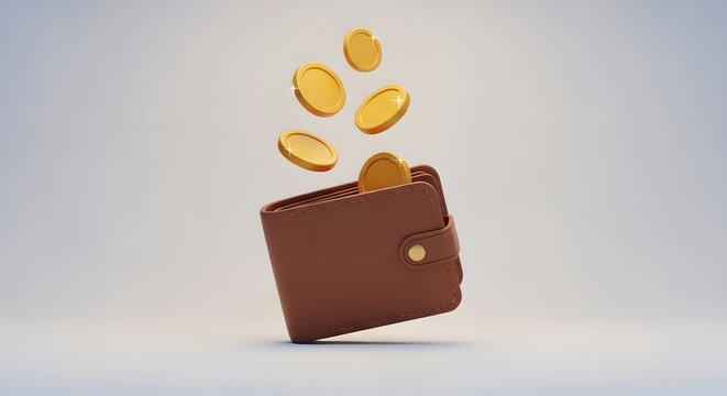 Golden coins spilling from brown leather wallet against minimalist background for financial success concept