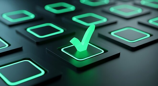 Green checkmark icon glows intensely on a tactile control panel button. Sharp macro focus emphasizes success and completion. Ideal for fintech security or task management software branding.