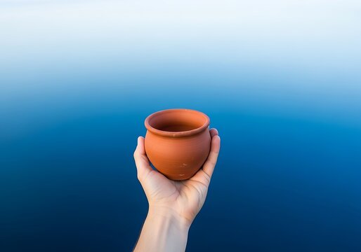 Hand holding a small empty terracotta clay pot against blue background