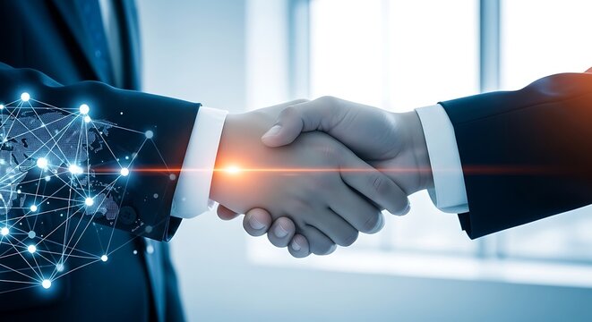 Professional handshake features glowing digital connectivity nodes and sharp lens flares. High-key office lighting enhances the futuristic mood. Ideal for digital transformation presentations.