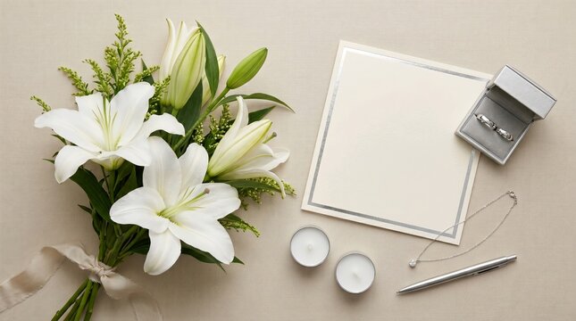 flat lay of white lilies bouquet with blank invitation card wedding rings and jewelry on beige fabric