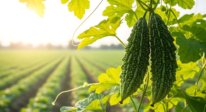 Two green bitter melons hanging from a vine with a farm field background gourd vegetable fruit