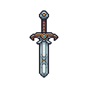 This detailed pixel art illustration features a fantasy longsword with an ornate golden crossguard, a leather-wrapped hilt, and a blue gem.