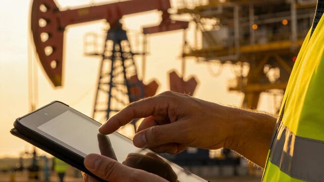 Close up of a worker using a tablet at an oil production site with a pump jack in the background.