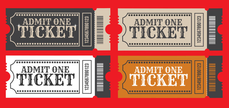Ticket stubs, admission tickets, event passes, red perforated tickets