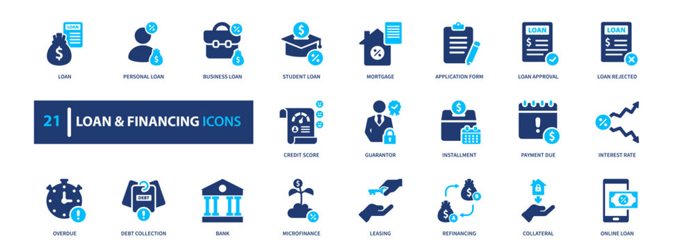 Loan financing icon set. credit, banking, finance, payment, investment. solid style icon collection.