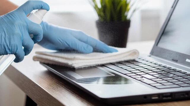 Person in blue gloves sprays disinfectant on a laptop and wipes it clean with a white cloth.