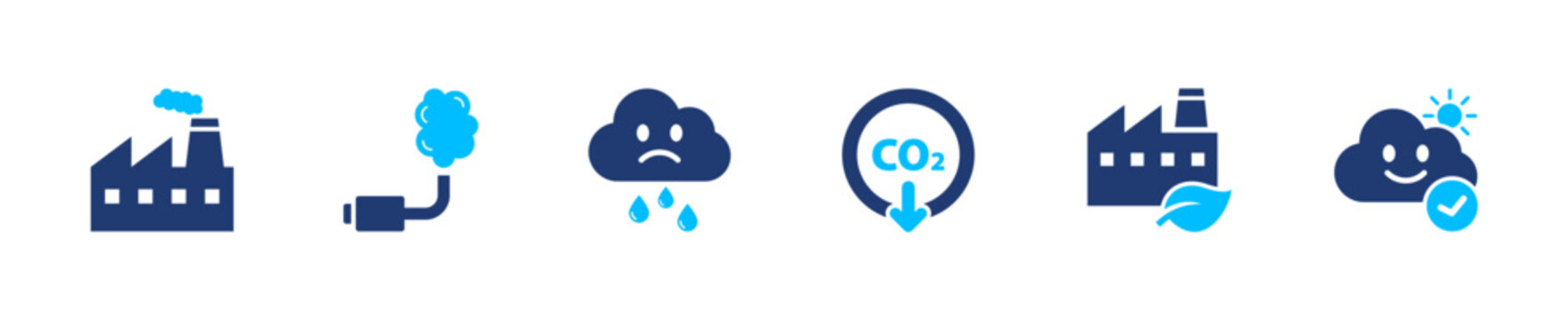 Industrial emissions icon set. pollution, factory, environment, carbon, waste. solid style icon collection.