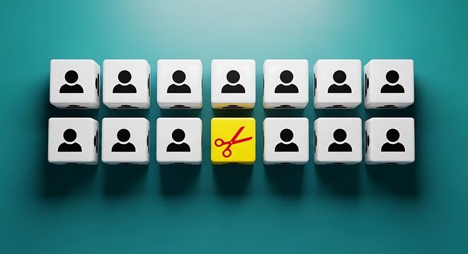 Personnel reduction represented by a yellow cube with scissors among white employee blocks. Sharp focus flat lay on teal background. Ideal for corporate restructuring and recruitment marketing.