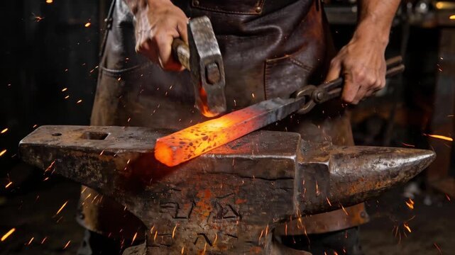 A professional blacksmith forging a glowing hot metal bar with a heavy hammer on an anvil.