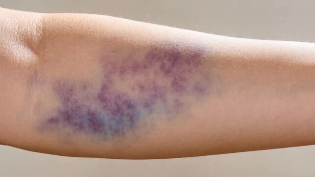 A large hematoma with purple and blue colors on the inner arm of a light-skinned person.