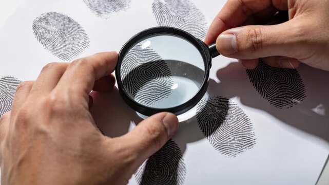 Forensic investigation, magnifying glass over fingerprints, identification, evidence analysis.