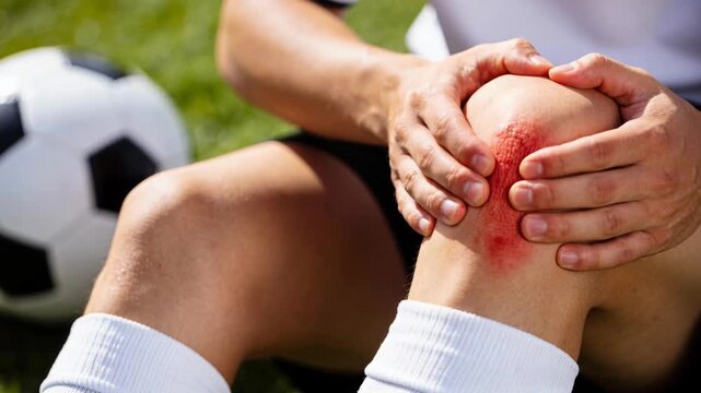 Soccer player clutching his injured knee while sitting on the grass near a football on the field.