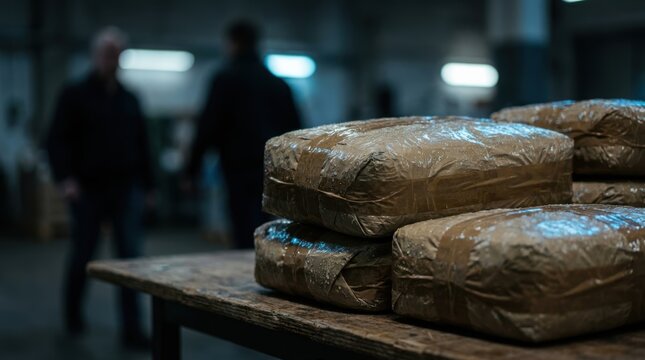 Several large packages wrapped in brown paper and tape are stacked on a wooden table, with two blurred figures in the background.