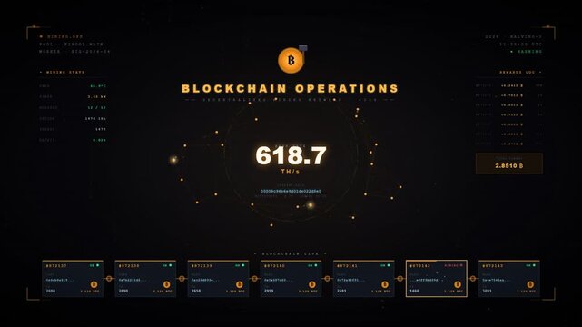 Bitcoin blockchain mining operations dashboard with hash rate and decentralized network visualization