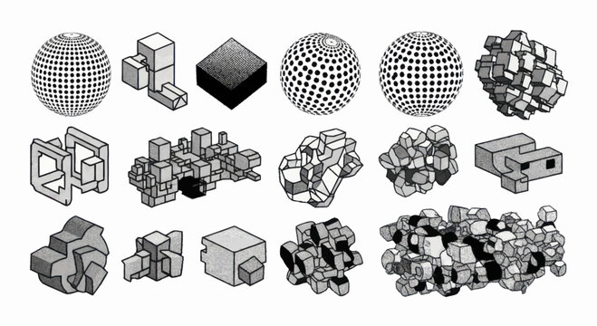 Abstract 3D geometric shapes and spheres in a black and white isometric style.