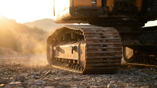 Close-up of heavy excavator tracks on rocky ground, kicking up dust at sunset in a construction site.