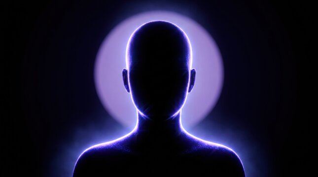 A dark silhouette of a human figure is illuminated by a vibrant purple aura and set against a soft, glowing purple circle in the background.