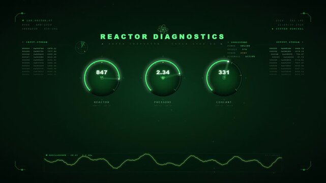 Reactor diagnostics interface with circular gauges showing pressure coolant flux and integrity metrics