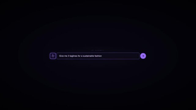 Artificial intelligence prompt interface with sustainable fashion brand tagline suggestions on dark background
