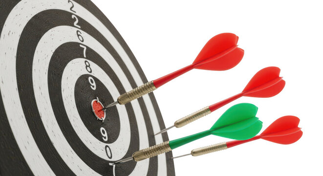 Darts hitting a target with different colored feathers and a bullseye isolated on transparent background