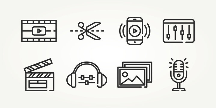 minimalist set of youtube content creator & streaming line art icons vector illustration design. video editing, podcast, vlog and more
