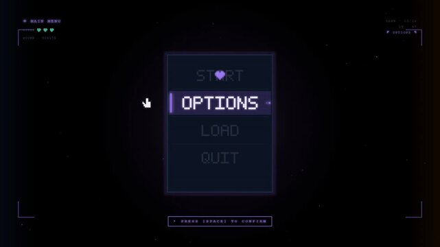 Retro pixel art game main menu screen with start options load and quit buttons on dark background