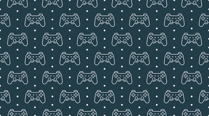 Seamless pattern of retro video game controllers on teal background. © Siti