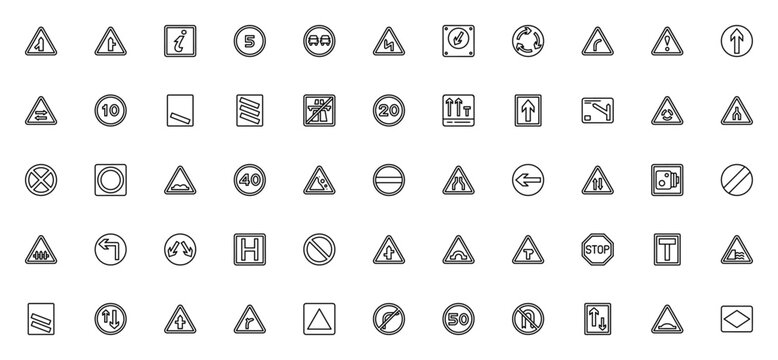 UK road signs icon set. Vector traffic symbols collection. Includes merge, junction, speed limit, roundabout, warning, direction, motorway and more. Editable stroke.
