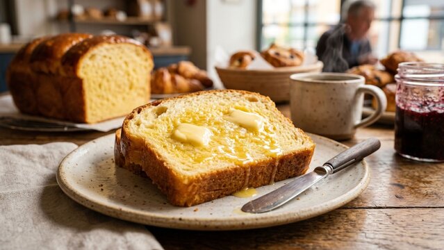 Sliced Brioche Bread with Melting Butter and Jam for Breakfast