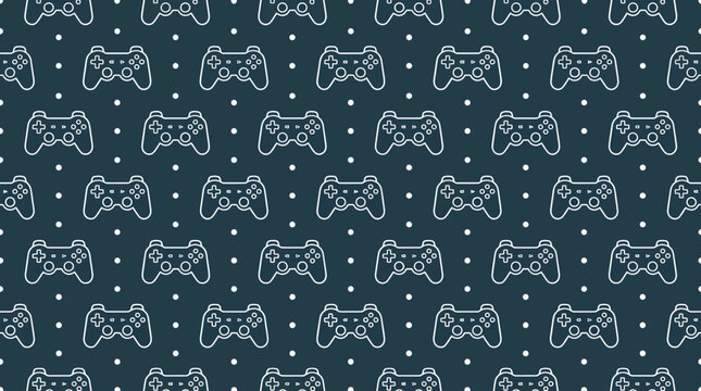 Seamless pattern of retro video game controllers on teal background.