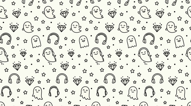 Cute monochrome seamless Halloween ghost and skull pattern background.